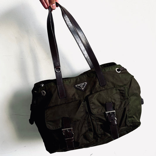 Prada Tessuto Dark Khaki Green Classic Logo Nylon & Leather Utility Shoulder Tote Bag