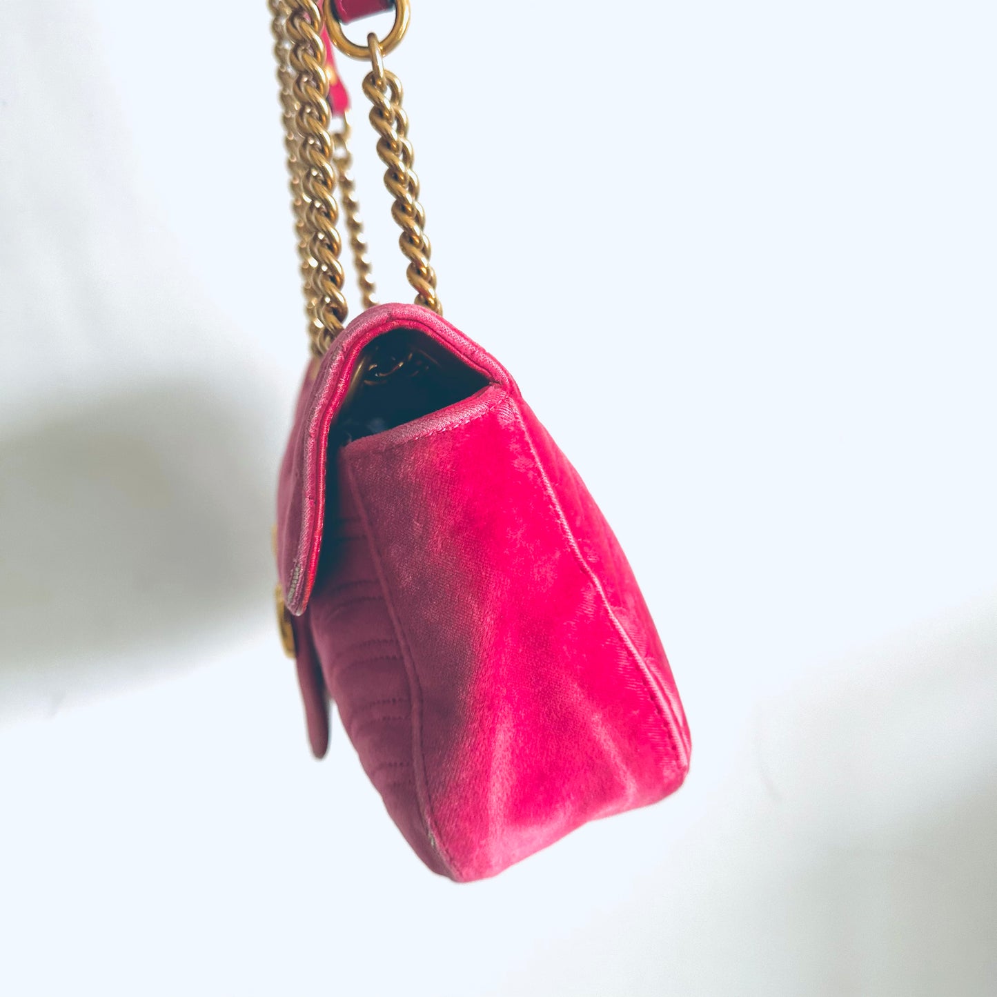 Gucci Marmont GG Monogram Logo Crushed Velvet Pink GHW Small Flap Shoulder Sling Bag