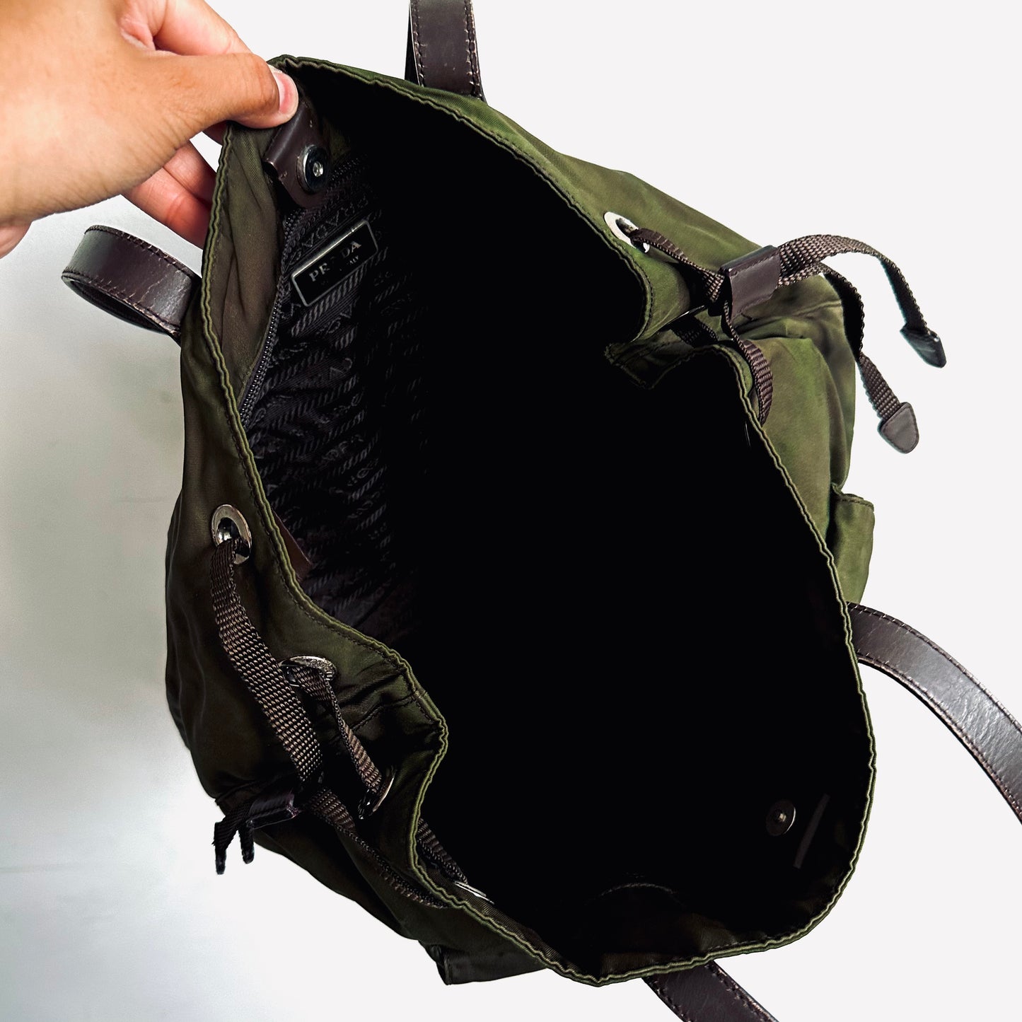 Prada Tessuto Dark Khaki Green Classic Logo Nylon & Leather Utility Shoulder Tote Bag