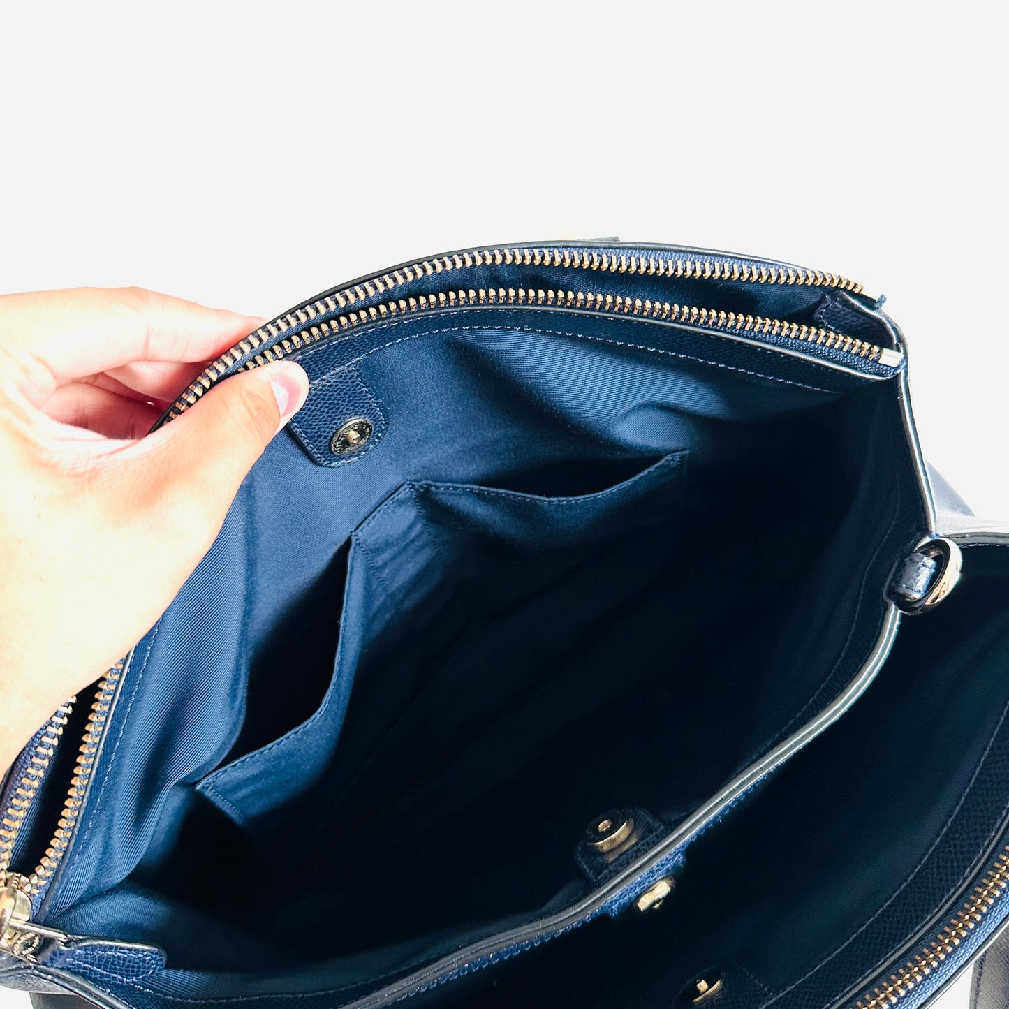 Coach Navy Blue GHW Christie Satchel Carryall 2-Way Top Handle Shoulder Sling Crossgrain Leather Tote Bag