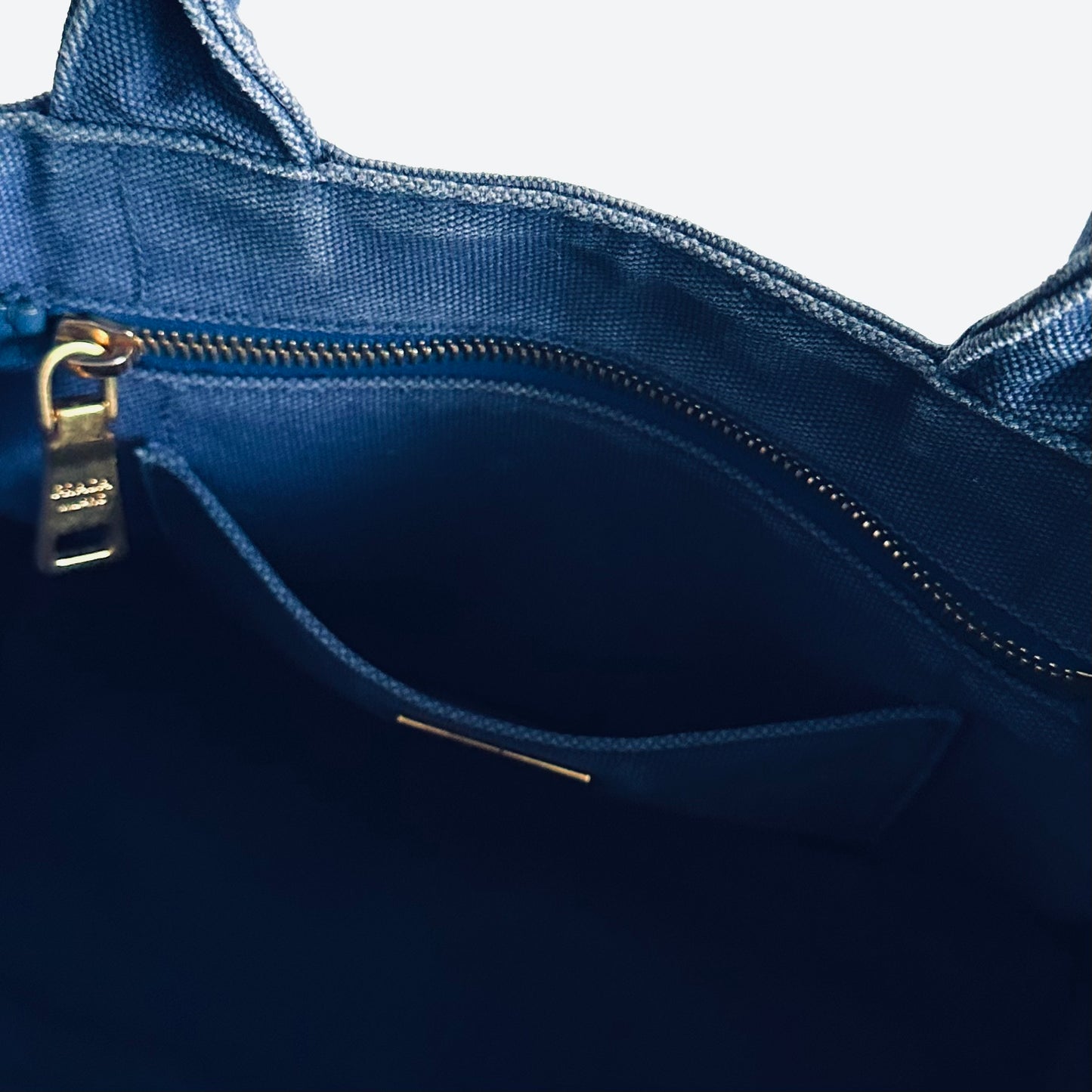 Prada Dark Blue Denim GHW Small Canapa Classic Logo Structured Shopper Tote Bag