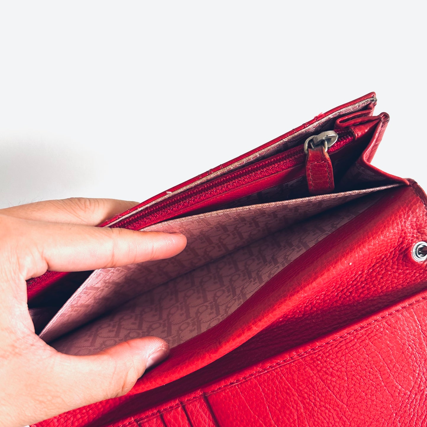 Christian Dior CD Deep Red Lady Dior Cannage Quilted Calfskin Logo Monogram Flap Long Bifold Wallet