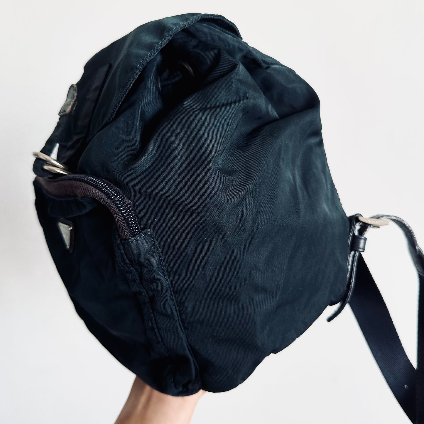Prada Navy Blue Tessuto Small Classic Logo Nylon & Leather Backpack Drawstring Bag