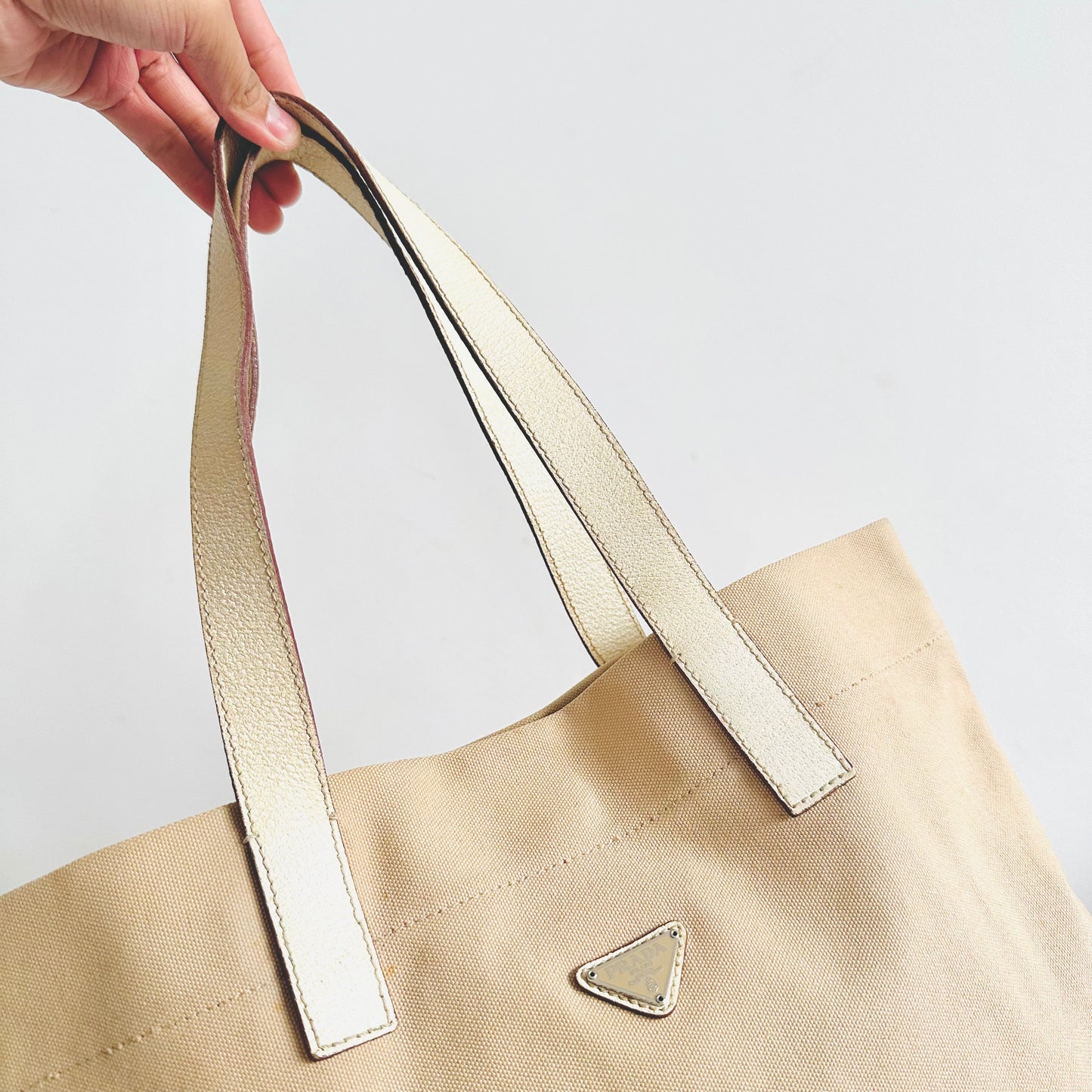 Prada Cream Off White Beige Classic Logo Nylon & Leather Shopper Tote Bag