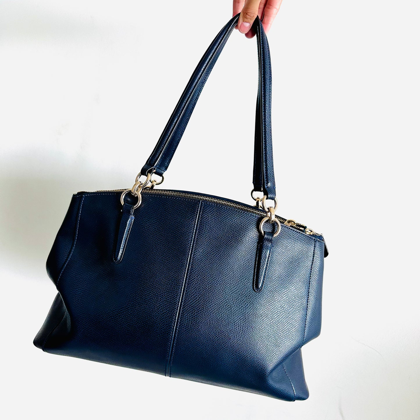 Coach Navy Blue GHW Christie Satchel Carryall 2-Way Top Handle Shoulder Sling Crossgrain Leather Tote Bag