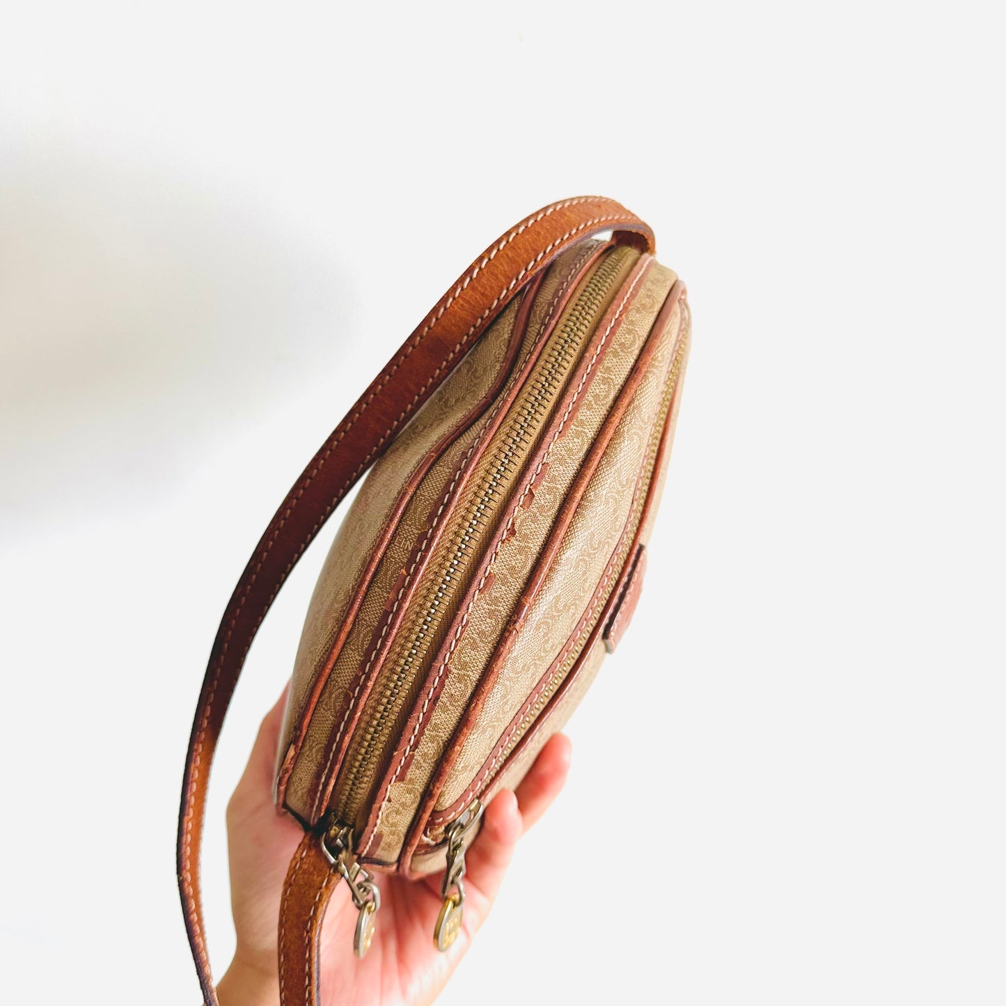 Celine Beige Triomphe Macadam Monogram Logo Oval Half Moon Vintage Shoulder Sling Bag