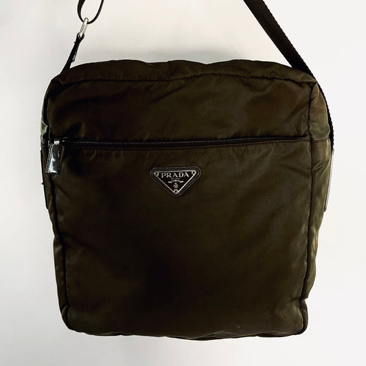 Prada Khaki Tessuto Logo Classic Nylon & Leather Camera Zip Shoulder Sling Bag