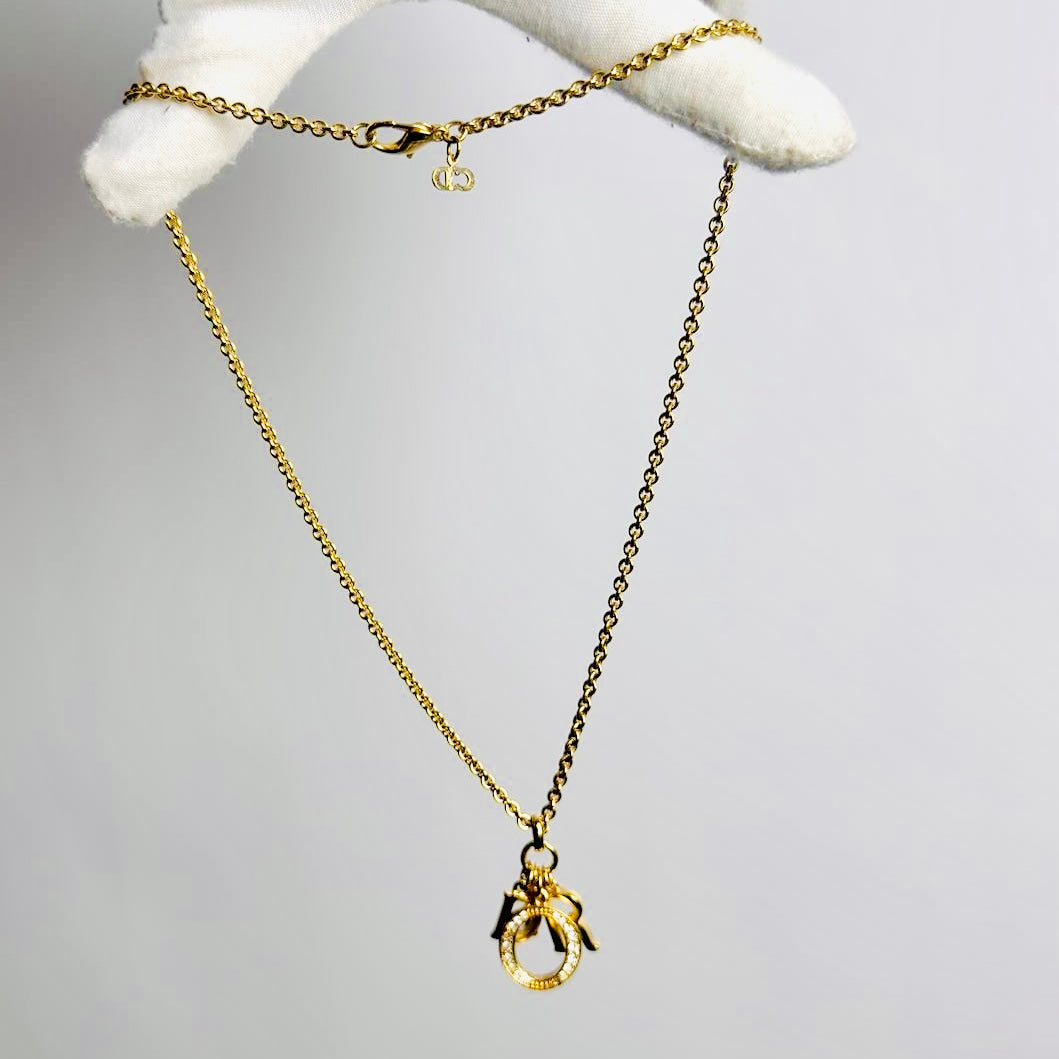 Christian Dior CD Giant Gold & Crystals Monogram Logo Charms Vintage Pendant Necklace