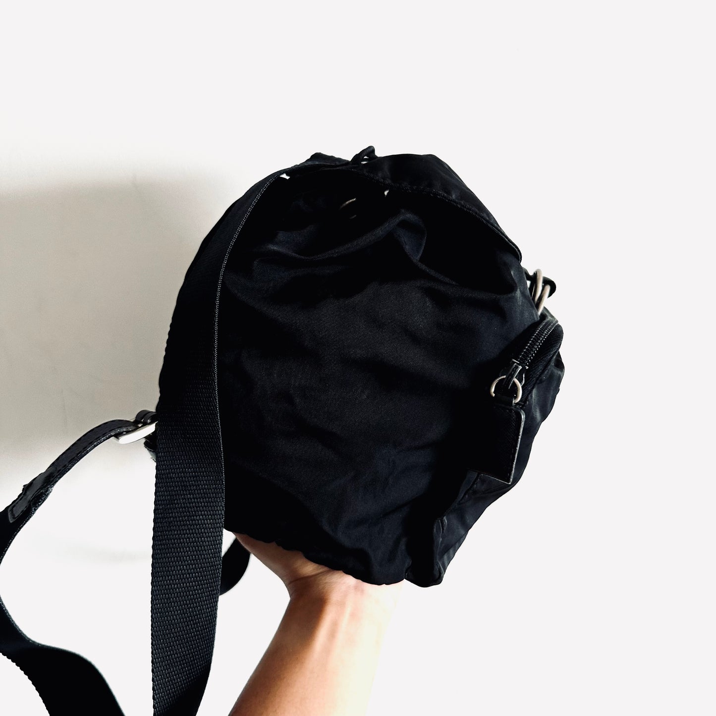 Prada Black Tessuto Classic Logo Nylon & Leather Flap Backpack Drawstring Bag