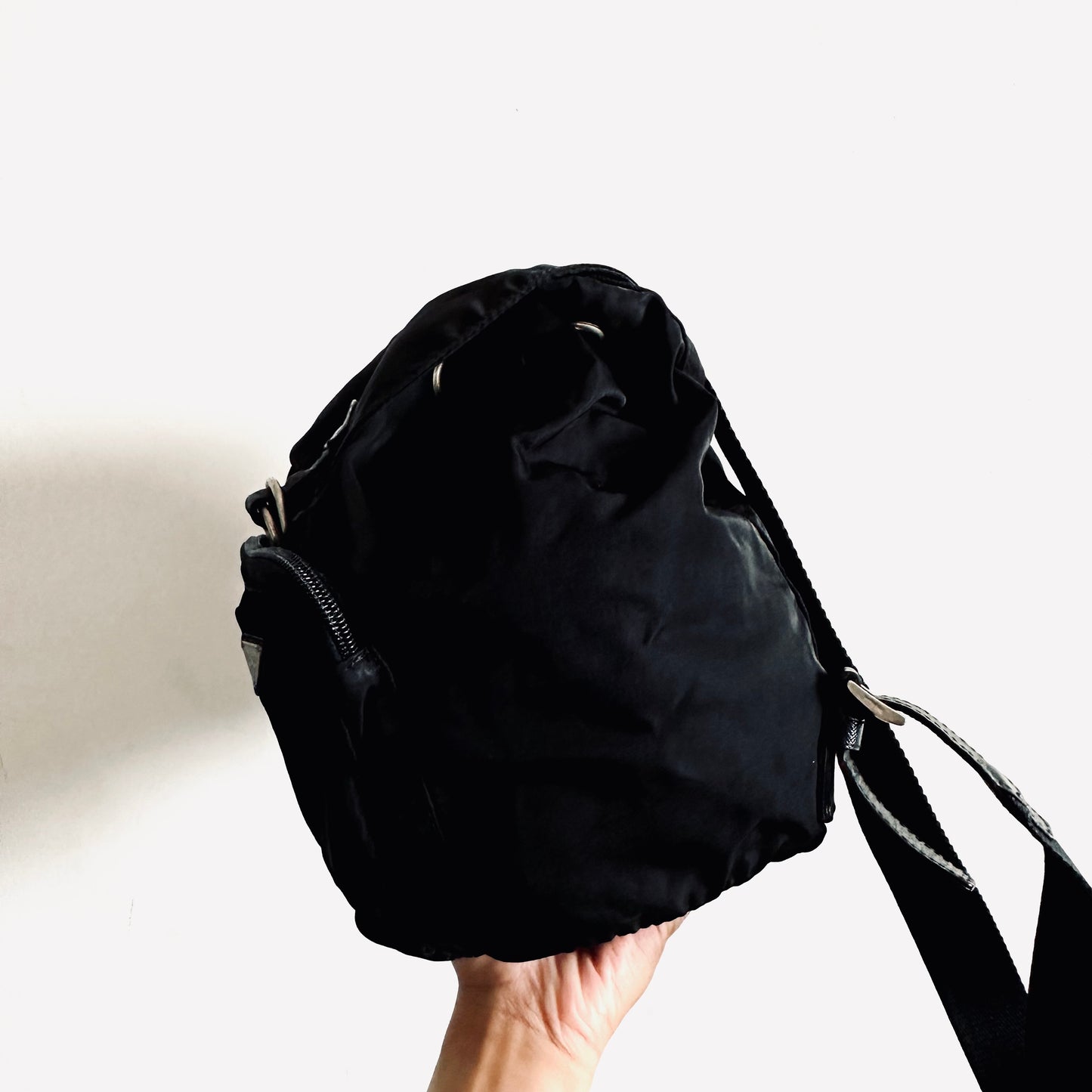 Prada Black Tessuto Classic Logo Nylon & Leather Flap Backpack Drawstring Bag