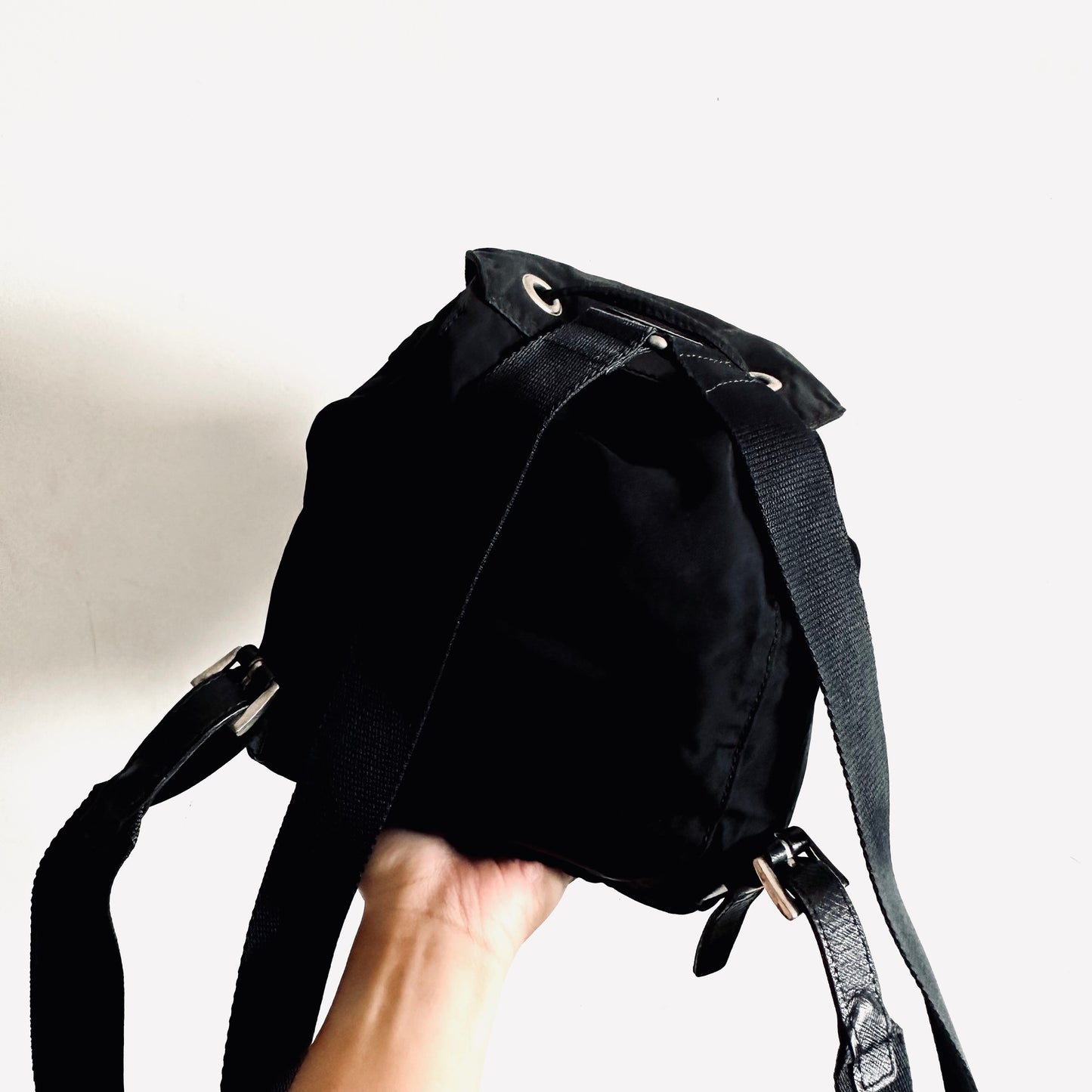 Prada Black Tessuto Classic Logo Nylon & Leather Flap Backpack Drawstring Bag
