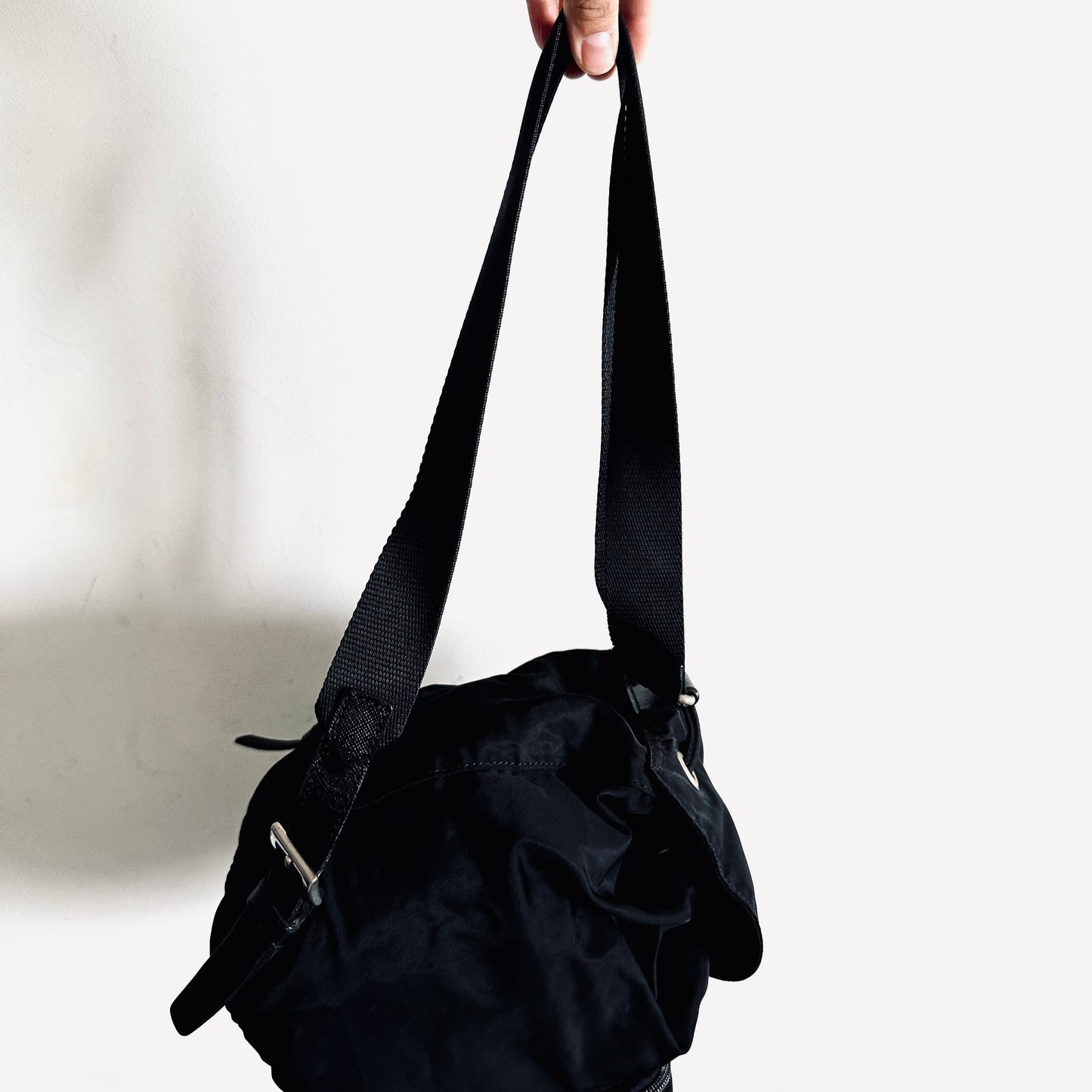 Prada Black Tessuto Classic Logo Nylon & Leather Flap Backpack Drawstring Bag