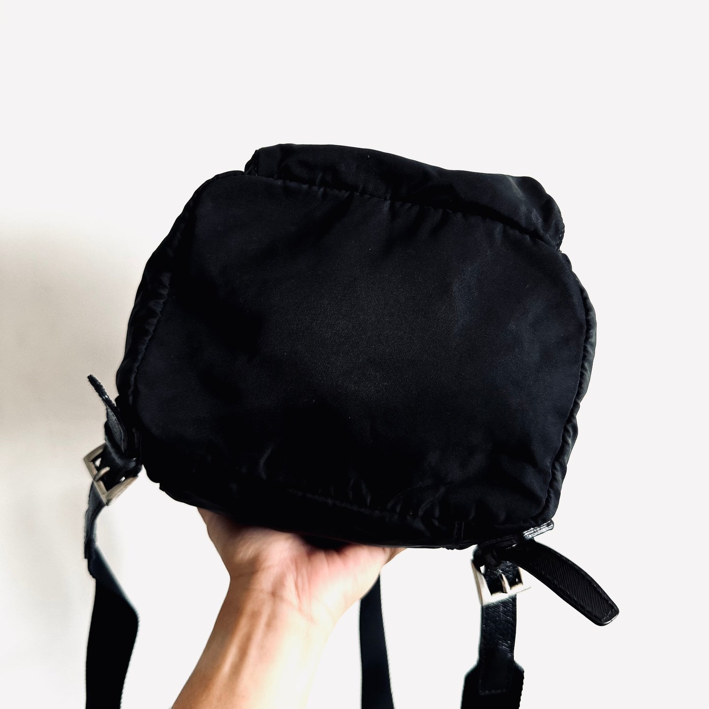 Prada Black Tessuto Classic Logo Nylon & Leather Flap Backpack Drawstring Bag