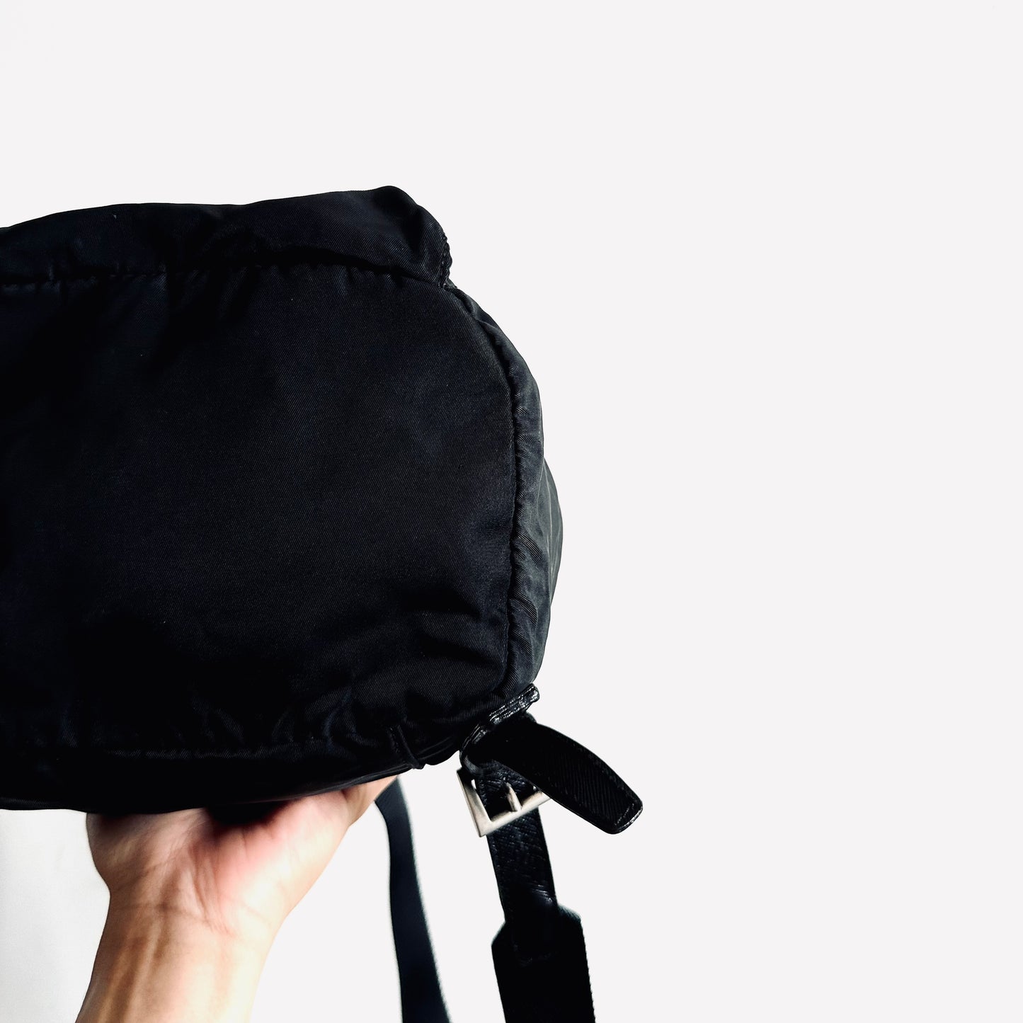 Prada Black Tessuto Classic Logo Nylon & Leather Flap Backpack Drawstring Bag