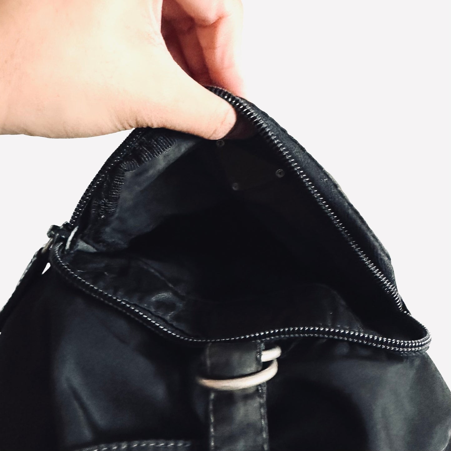 Prada Black Tessuto Classic Logo Nylon & Leather Flap Backpack Drawstring Bag