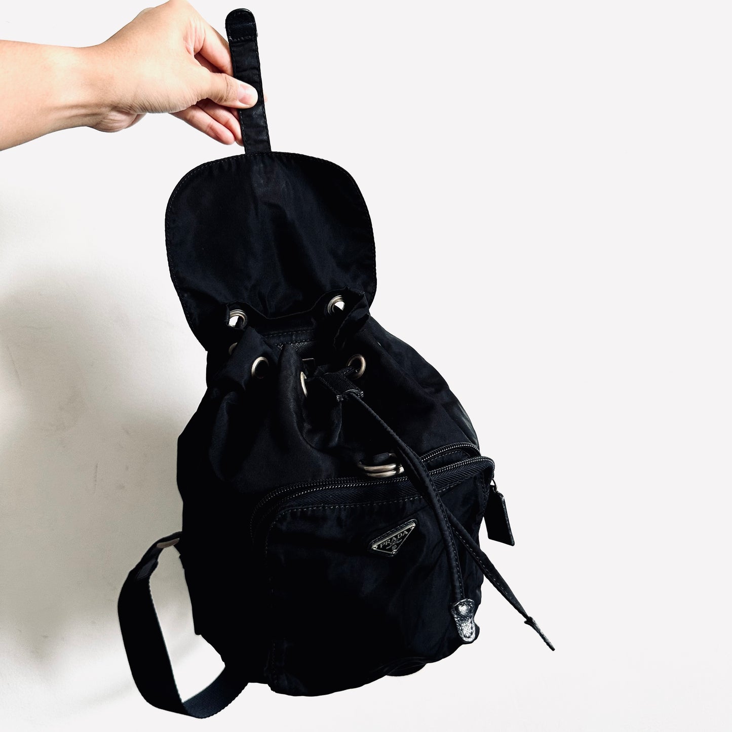 Prada Black Tessuto Classic Logo Nylon & Leather Flap Backpack Drawstring Bag