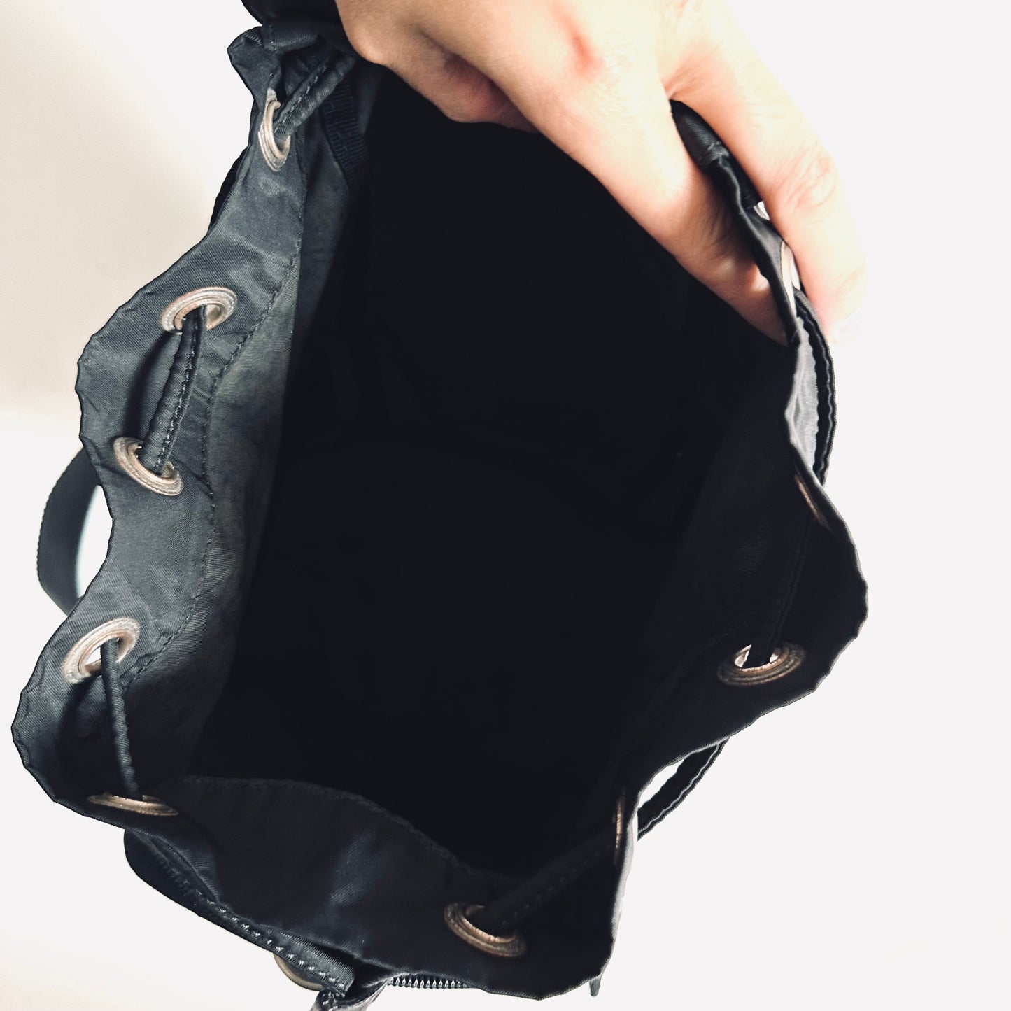Prada Black Tessuto Classic Logo Nylon & Leather Flap Backpack Drawstring Bag