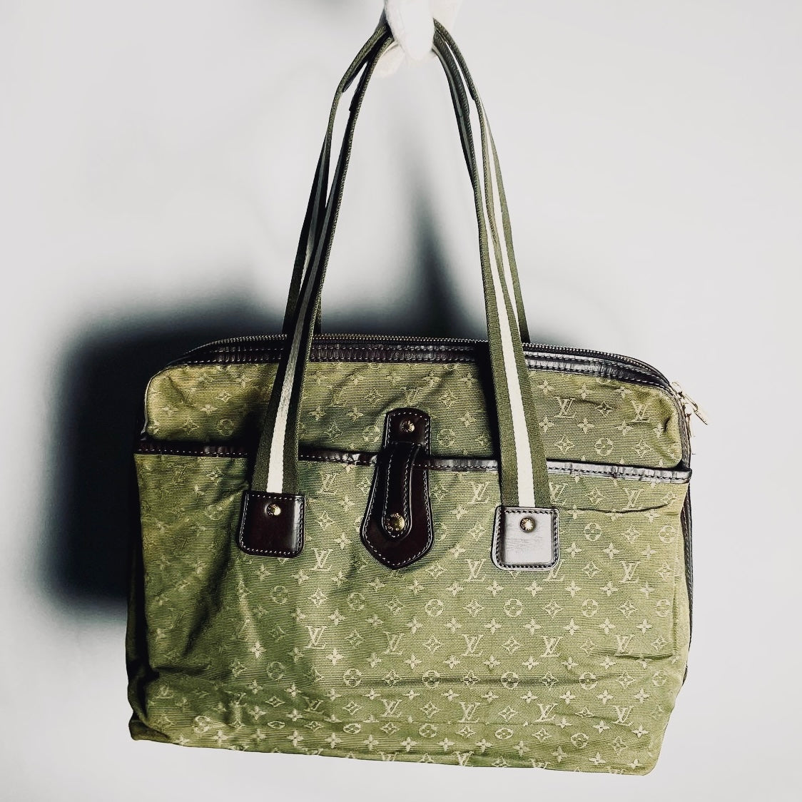 Louis Vuitton LV Khaki Mini Lin Mary Kate Besace Monogram Logo GHW Shoulder Shopper Tote Bag