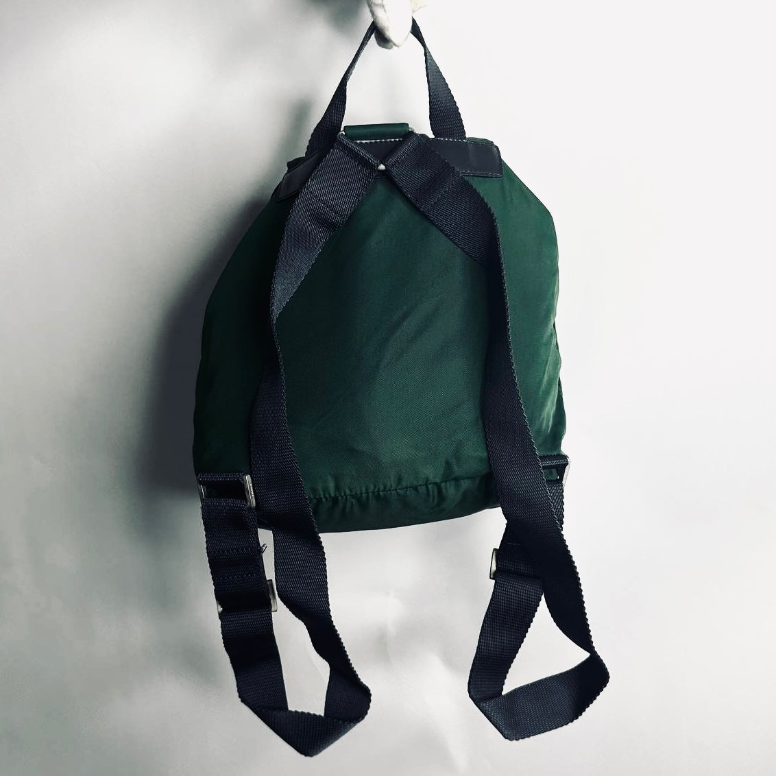 Prada Green Vela Monogram Logo Nylon & Leather Flap Backpack Drawstring Bag