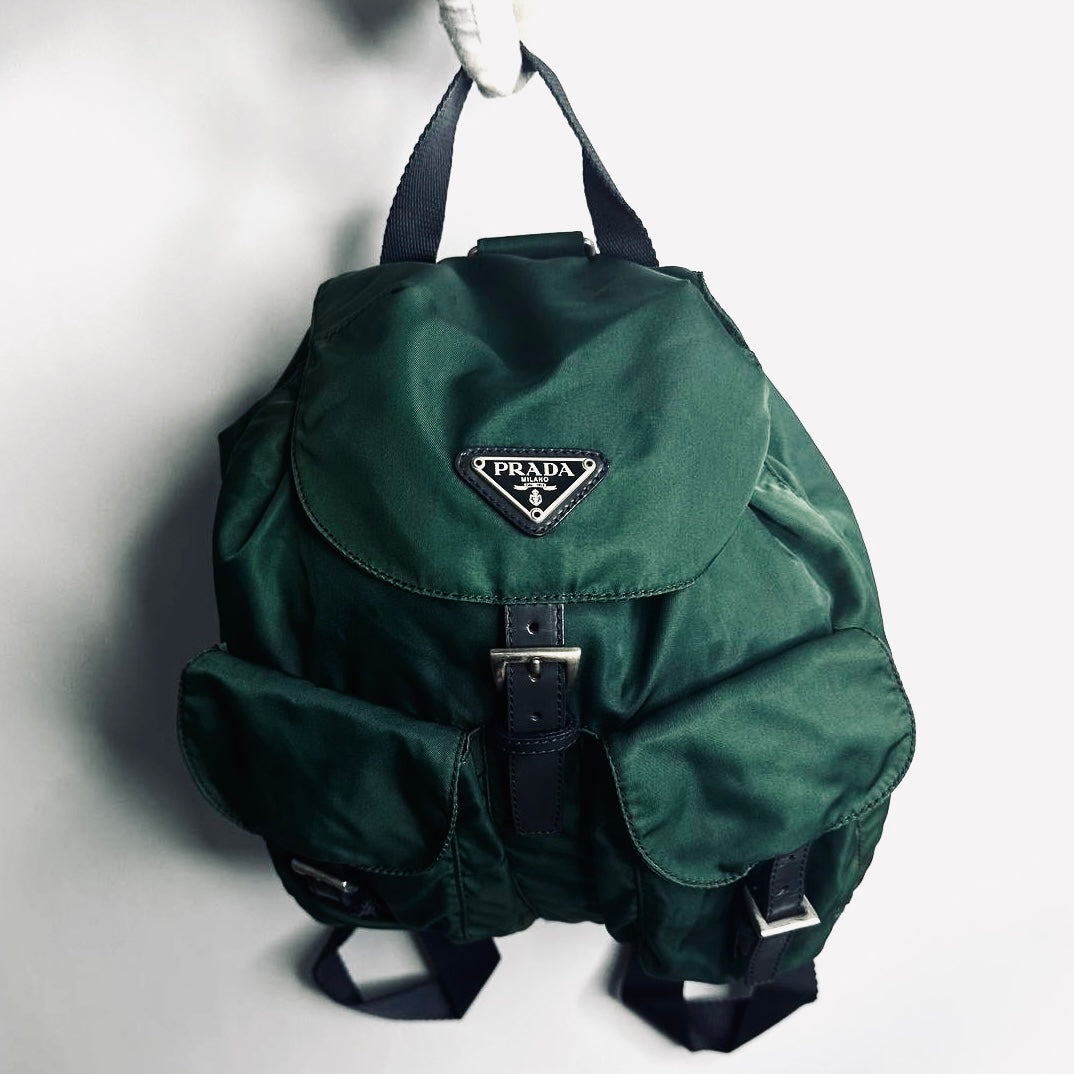 Prada Green Vela Monogram Logo Nylon & Leather Flap Backpack Drawstring Bag