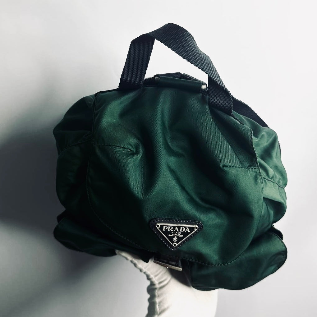 Prada Green Vela Monogram Logo Nylon & Leather Flap Backpack Drawstring Bag