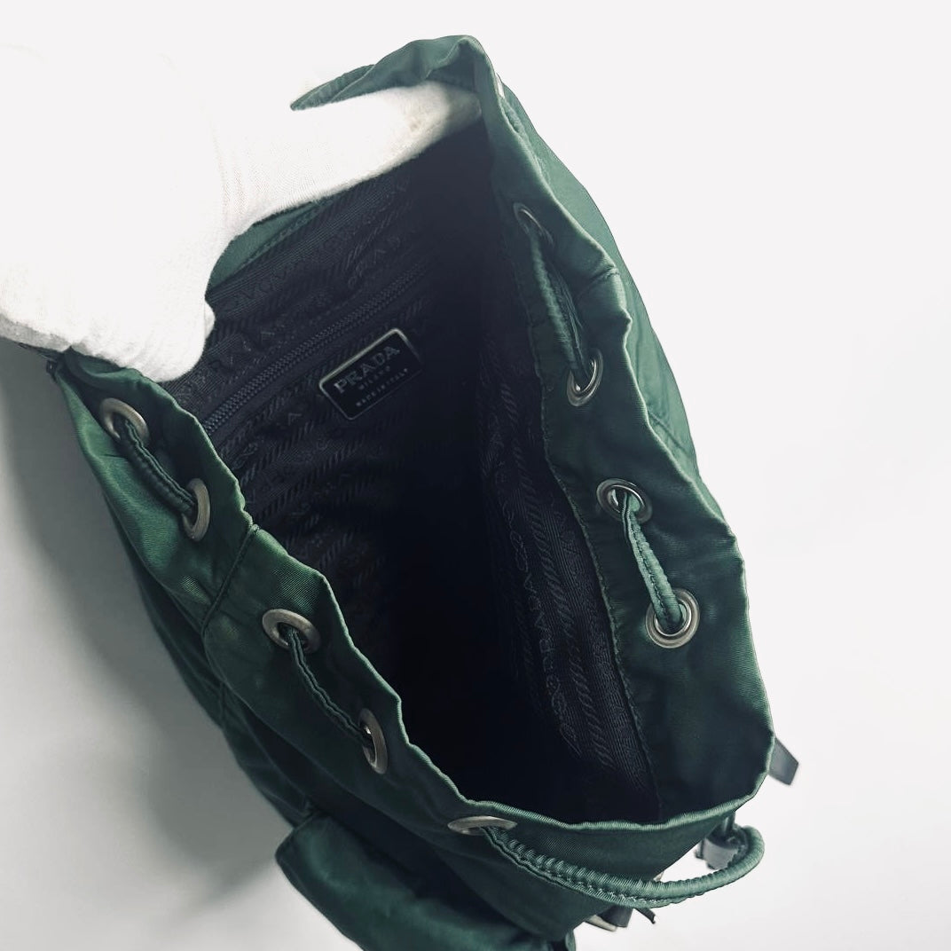 Prada Green Vela Monogram Logo Nylon & Leather Flap Backpack Drawstring Bag