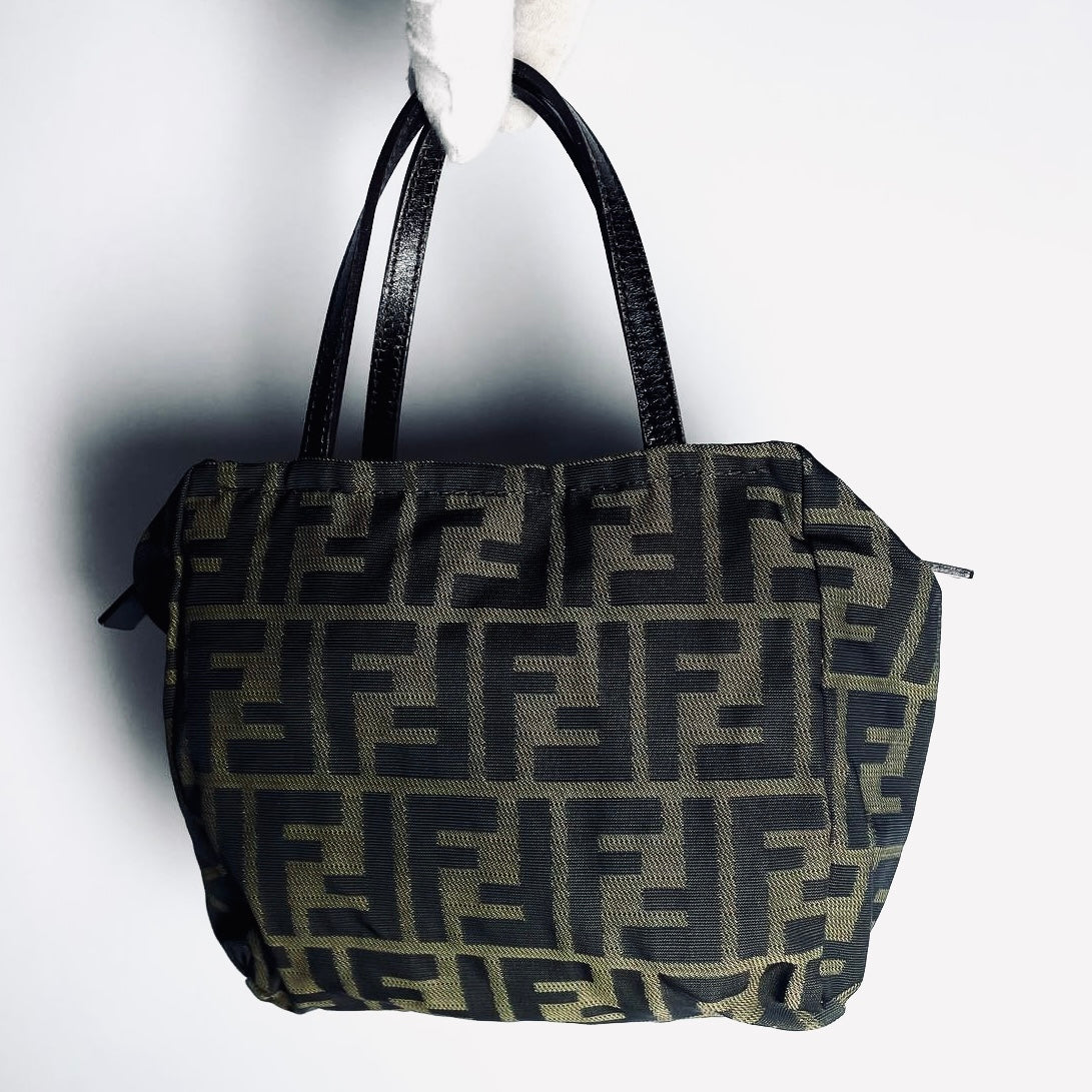 Fendi Brown Zucca FF Monogram Logo Mini Bucket Dumpling Zip Tote Bag