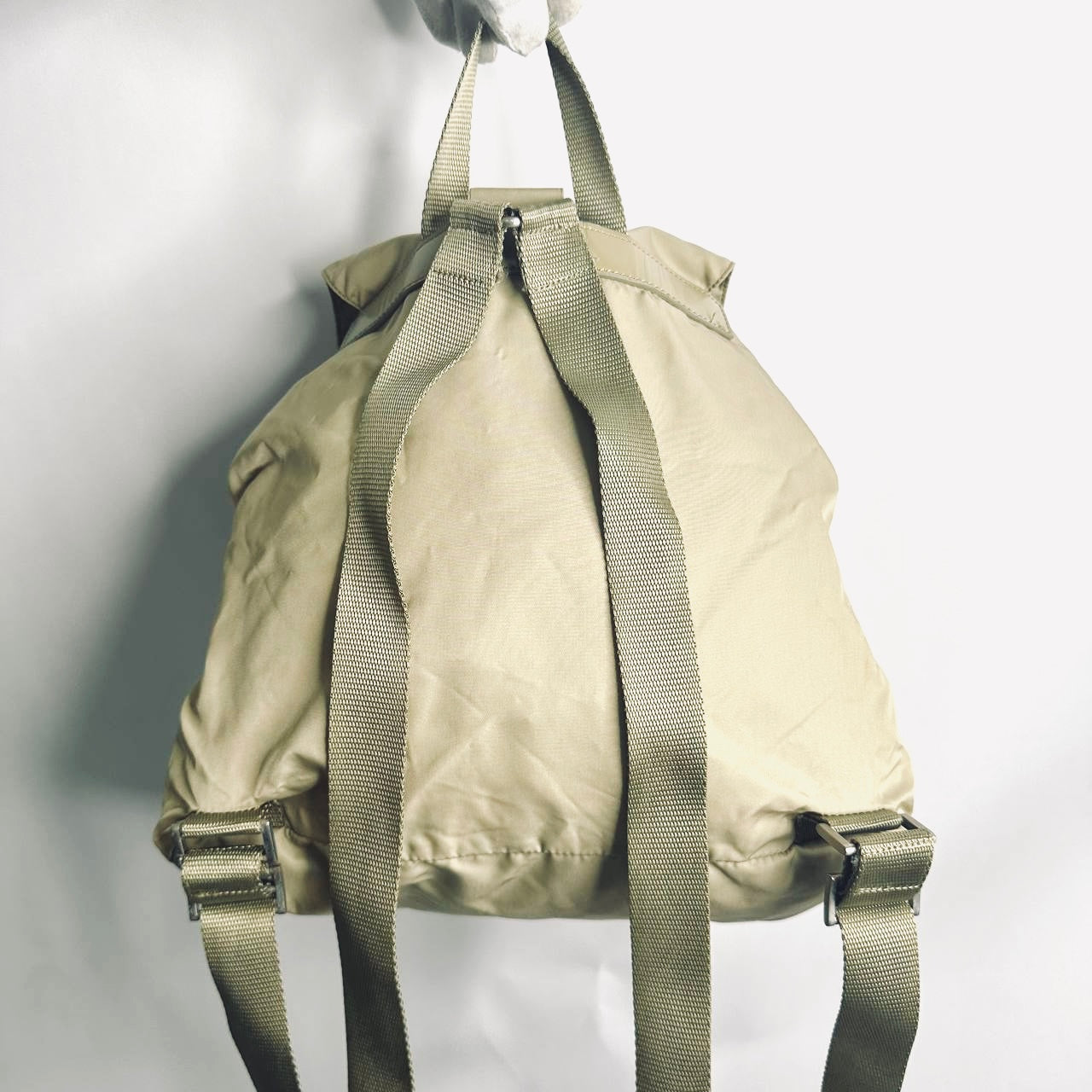Prada Beige Tessuto Monogram Logo Nylon & Leather Flap Backpack Drawstring Bag