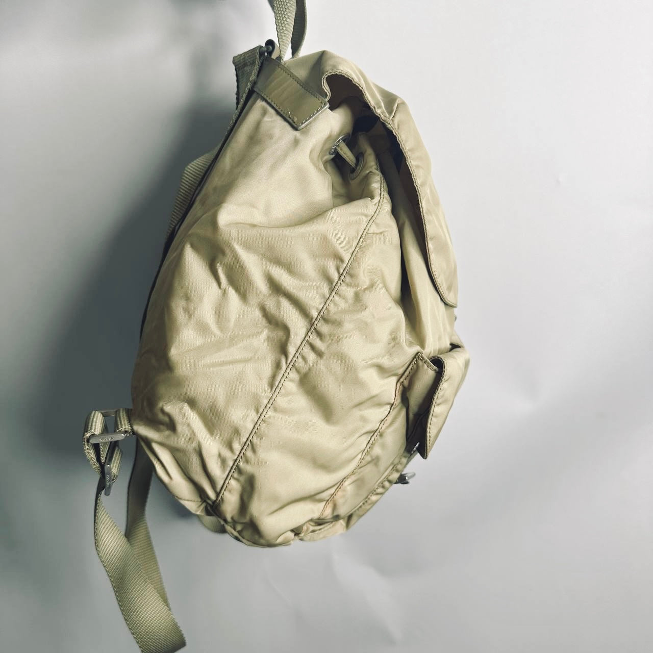 Prada Beige Tessuto Monogram Logo Nylon & Leather Flap Backpack Drawstring Bag
