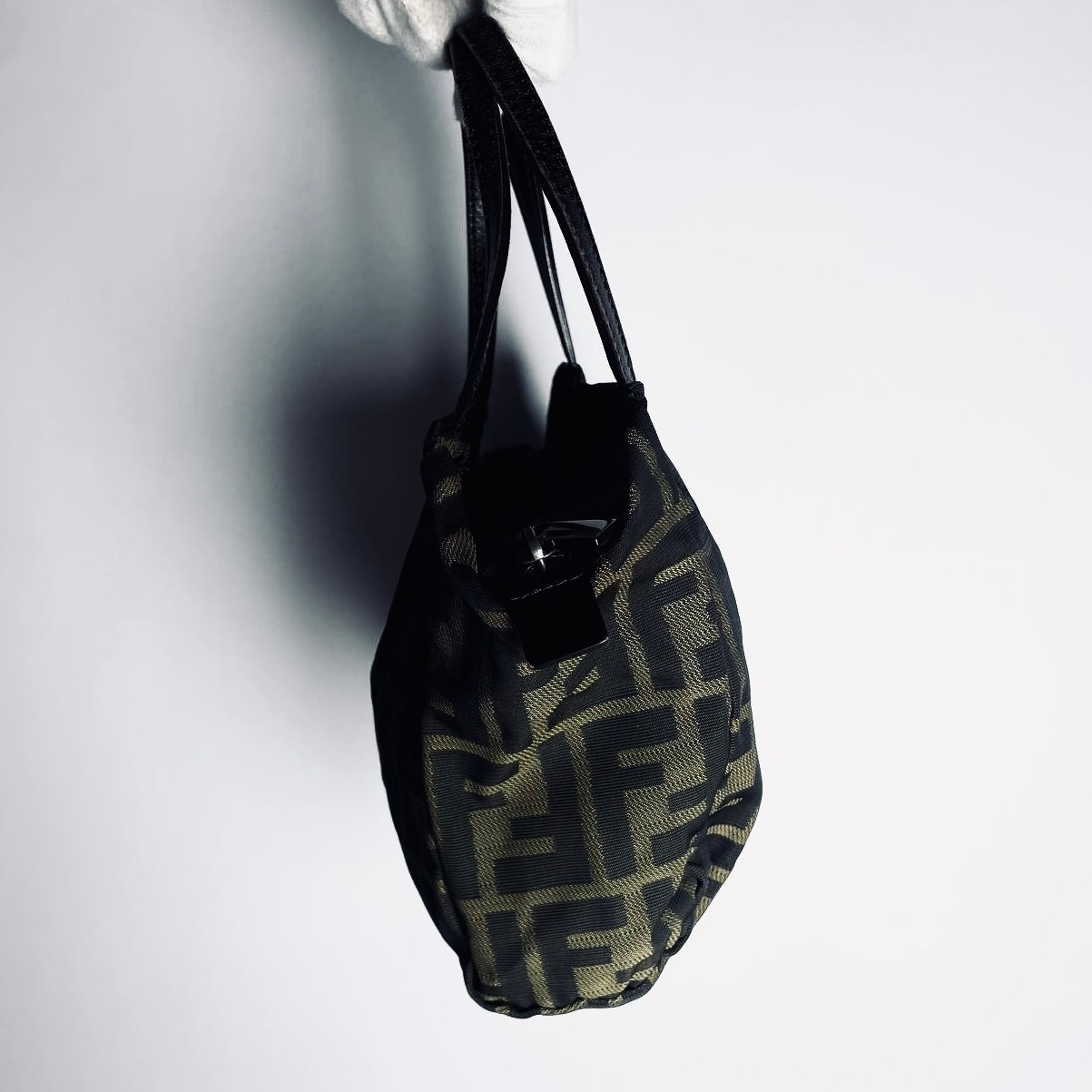 Fendi Brown Zucca FF Monogram Logo Mini Bucket Dumpling Zip Tote Bag