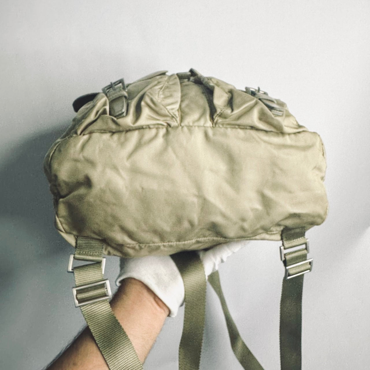 Prada Beige Tessuto Monogram Logo Nylon & Leather Flap Backpack Drawstring Bag