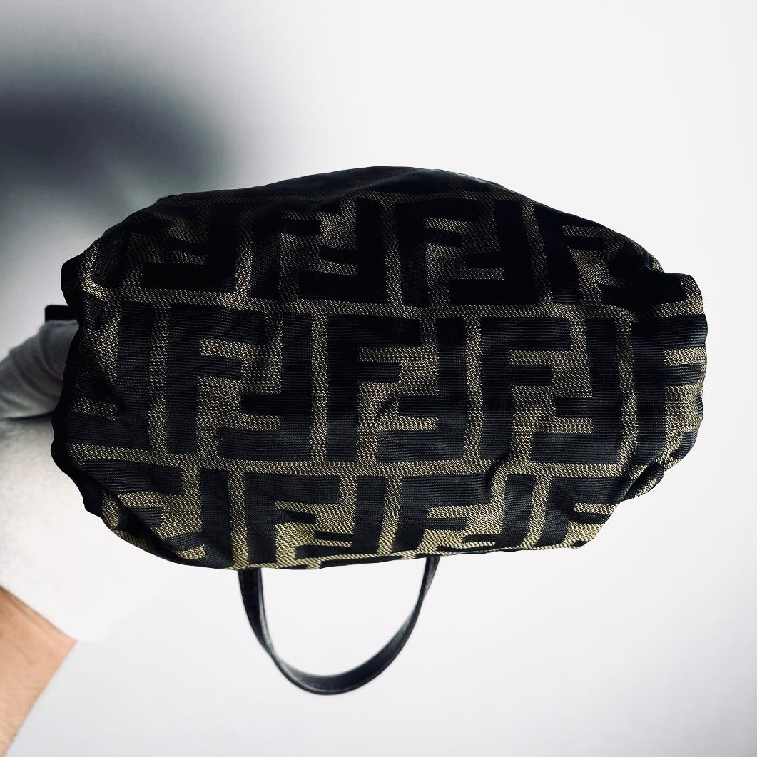 Fendi Brown Zucca FF Monogram Logo Mini Bucket Dumpling Zip Tote Bag