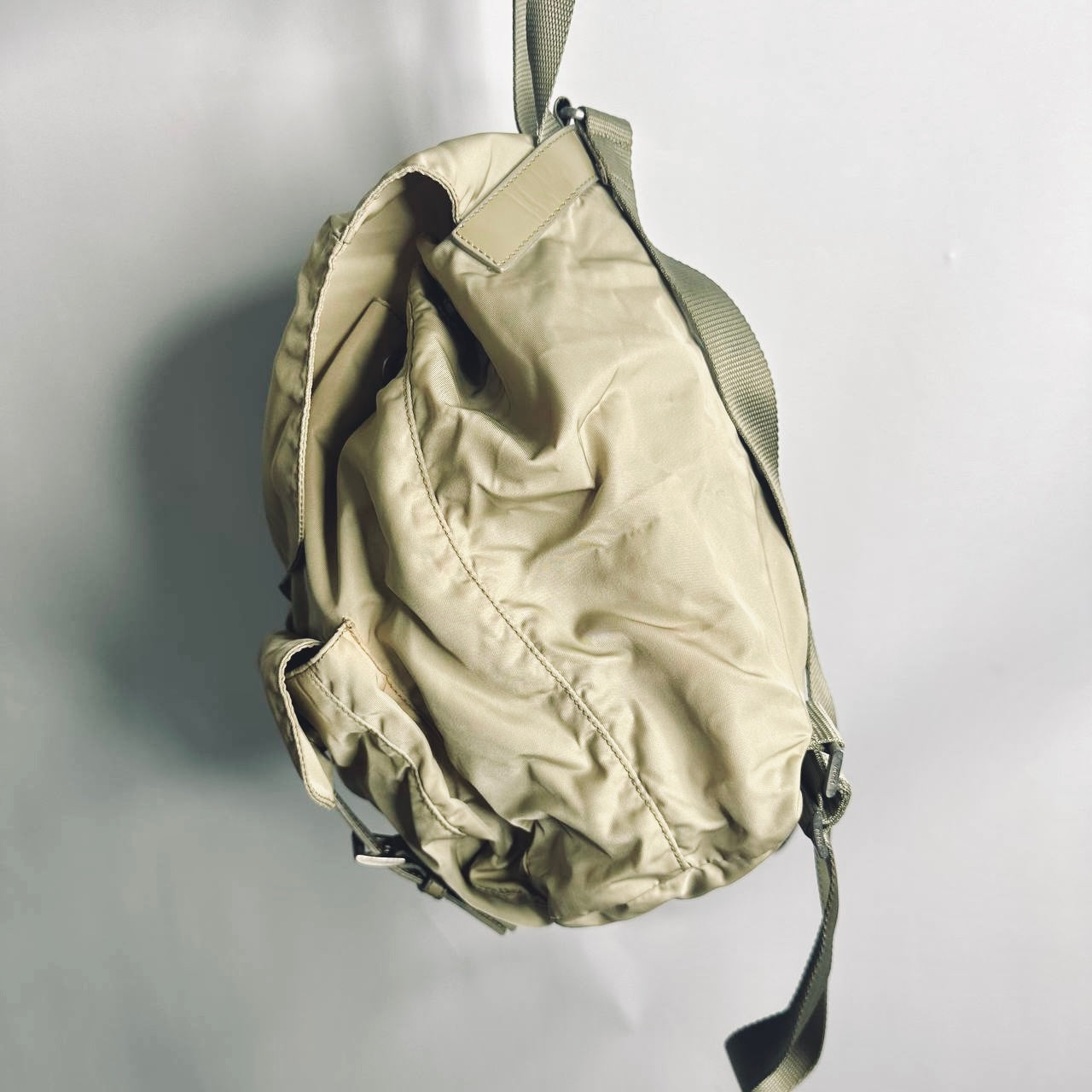 Prada Beige Tessuto Monogram Logo Nylon & Leather Flap Backpack Drawstring Bag