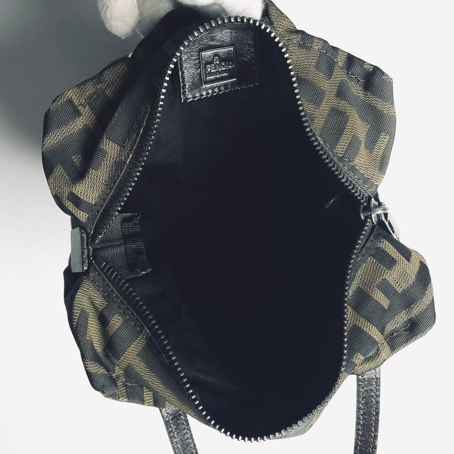 Fendi Brown Zucca FF Monogram Logo Mini Bucket Dumpling Zip Tote Bag