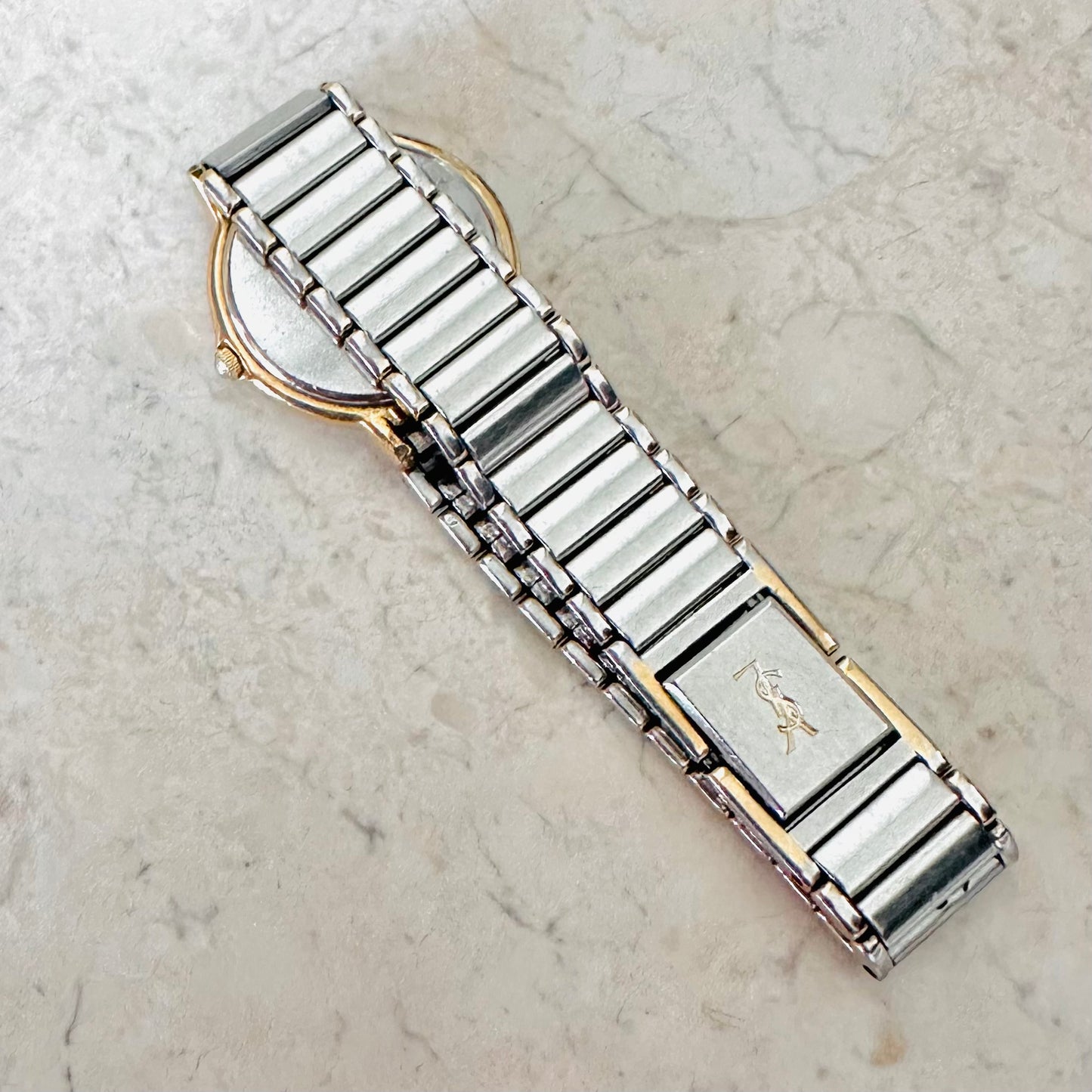 YSL Yves Saint Laurent Gold & Stainless Steel Round Circle Monogram Logo 23MM Quartz Watch