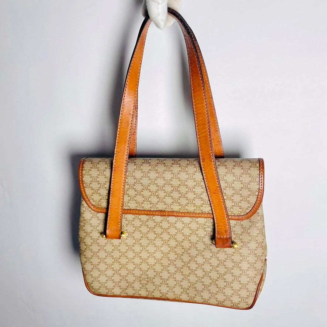 Celine Beige Triomphe Macadam Monogram Logo Vintage Flap Shopper Shoulder Tote Bag
