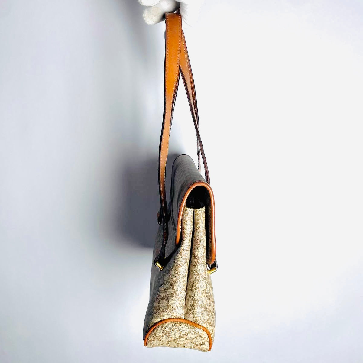 Celine Beige Triomphe Macadam Monogram Logo Vintage Flap Shopper Shoulder Tote Bag