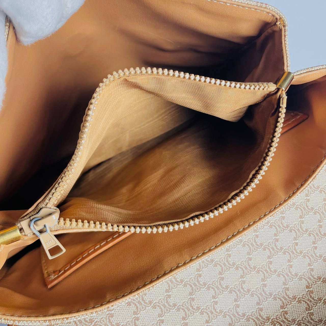 Celine Beige Triomphe Macadam Monogram Logo Vintage Flap Shopper Shoulder Tote Bag