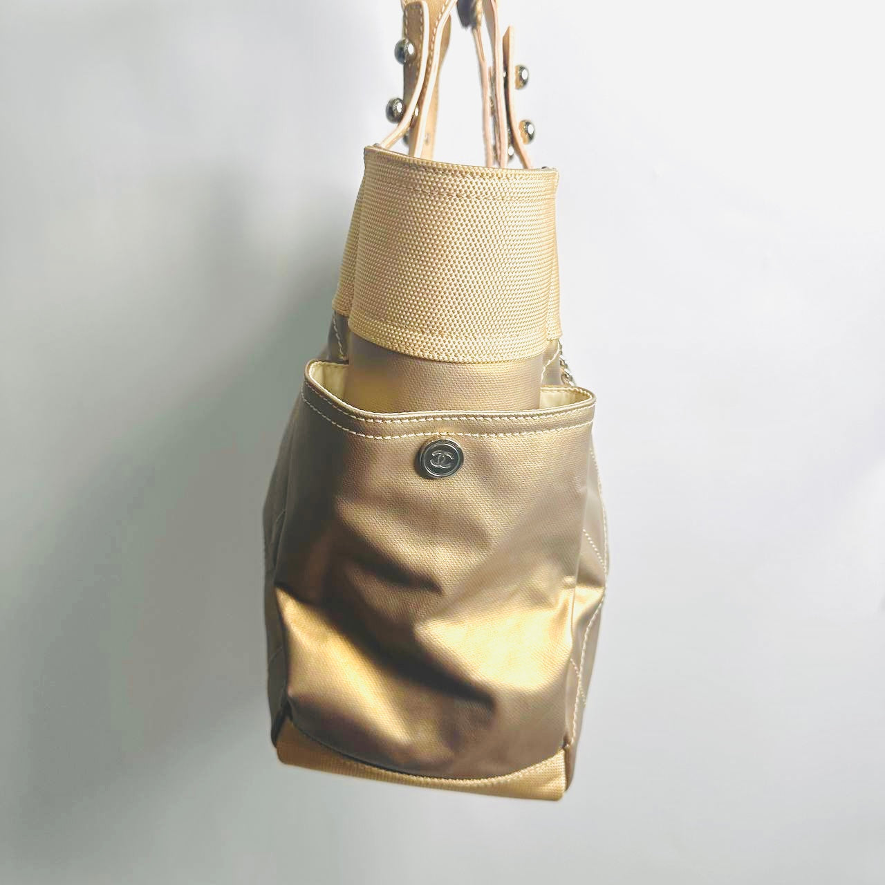 Chanel Beige Taupe Paris Biarritz CC Monogram Logo Quilted Fabric & Leather Shopper Shoulder Tote Bag With Pockets 11s