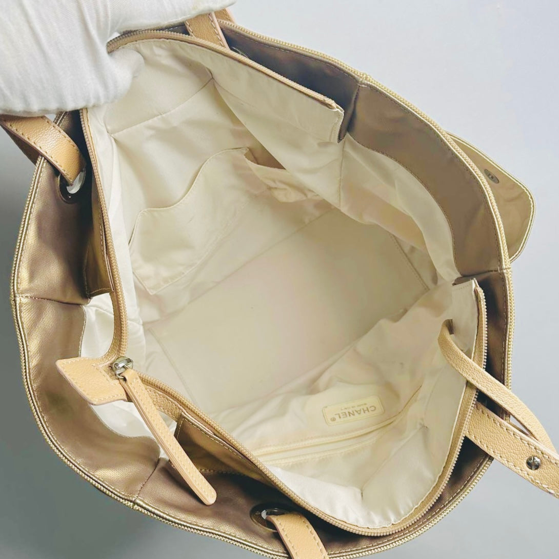 Chanel Beige Taupe Paris Biarritz CC Monogram Logo Quilted Fabric & Leather Shopper Shoulder Tote Bag With Pockets 11s