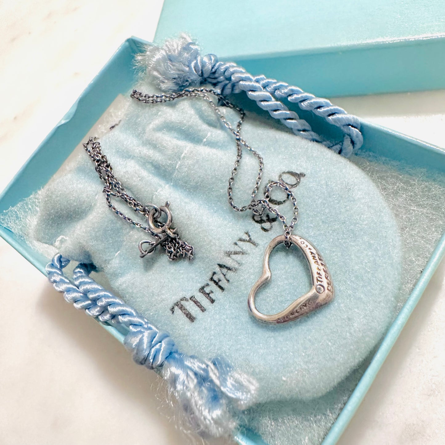 Tiffany & Co T&C Elsa Peretti Medium Open Heart Pendant Classic Chain 925 Sterling Silver Necklace