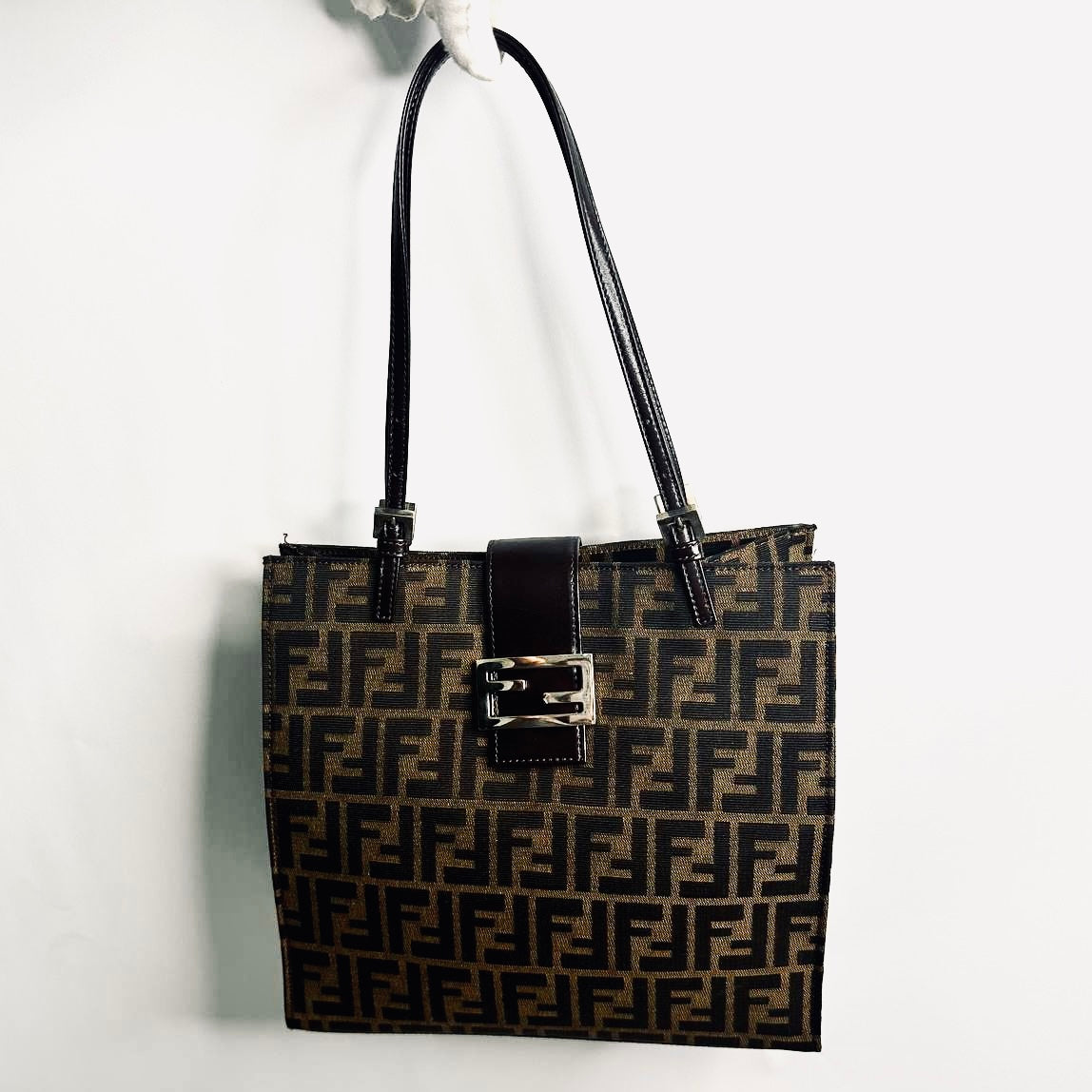 Fendi Zucca Mamma Brown Giant FF Monogram Logo Shopper Shoulder Flap Zucchino Tote Bag
