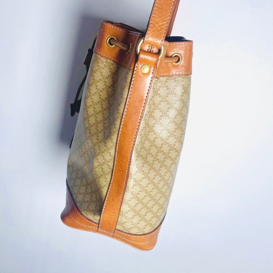 Celine Beige Triomphe Macadam Monogram Logo Vintage Drawstring Bucket Shoulder Sling Bag
