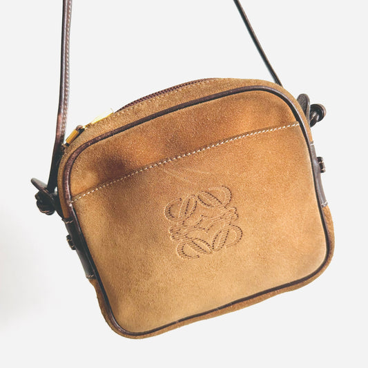 Loewe Caramel Brown GHW Suede Giant Anagram Logo Monogram Zip Shoulder Sling Bag