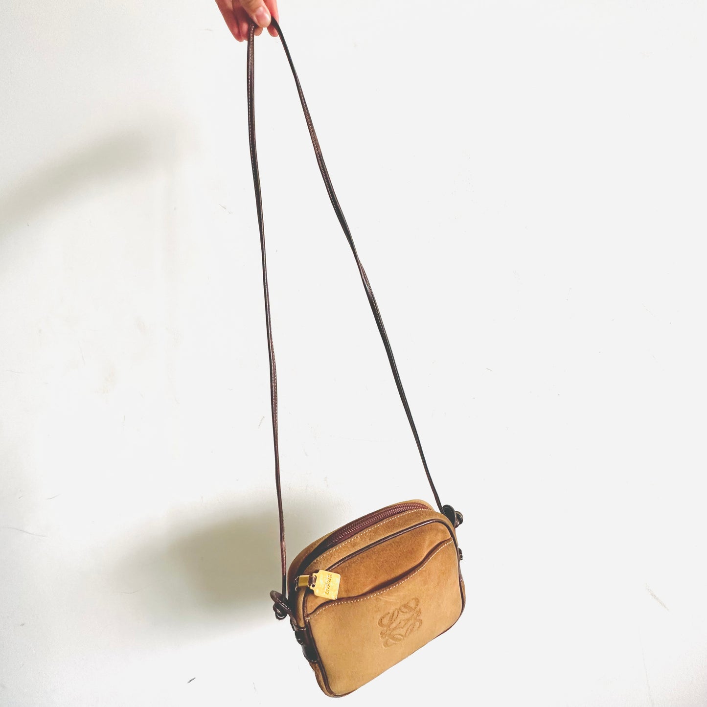 Loewe Caramel Brown GHW Suede Giant Anagram Logo Monogram Zip Shoulder Sling Bag