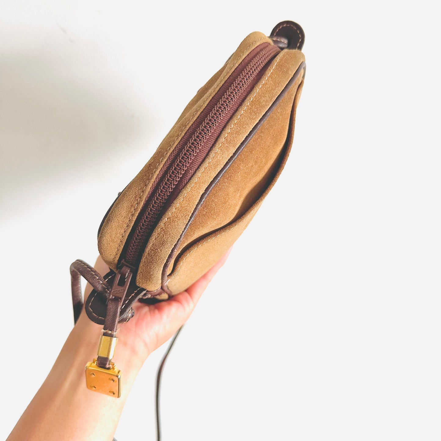 Loewe Caramel Brown GHW Suede Giant Anagram Logo Monogram Zip Shoulder Sling Bag