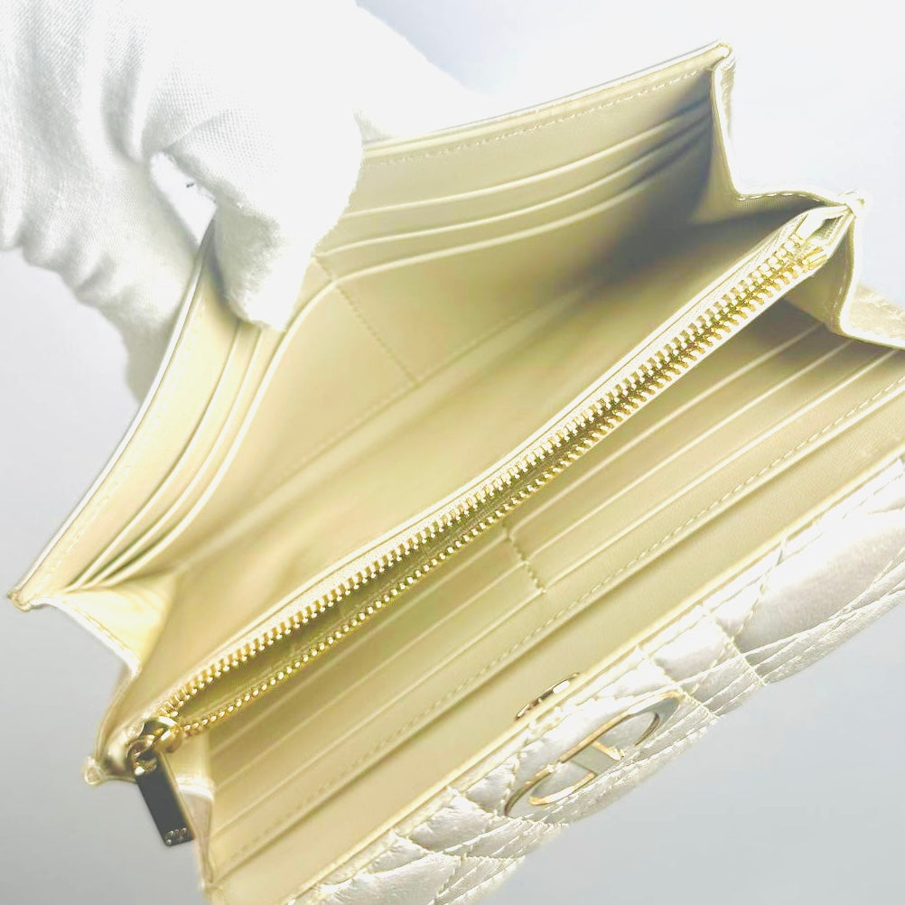 Christian Dior CD Caro 30 Montaigne Iridescent GHW Silver Quilted Cannage Supple Calfskin Monogram Logo Flap Long Wallet