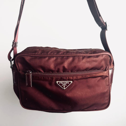 Prada Maroon Burgundy Red Tessuto Monogram Logo Nylon & Leather Camera Shoulder Sling Bag