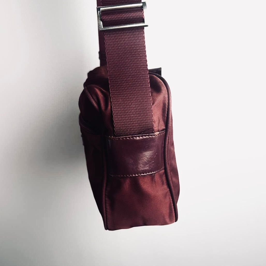 Prada Maroon Burgundy Red Tessuto Monogram Logo Nylon & Leather Camera Shoulder Sling Bag