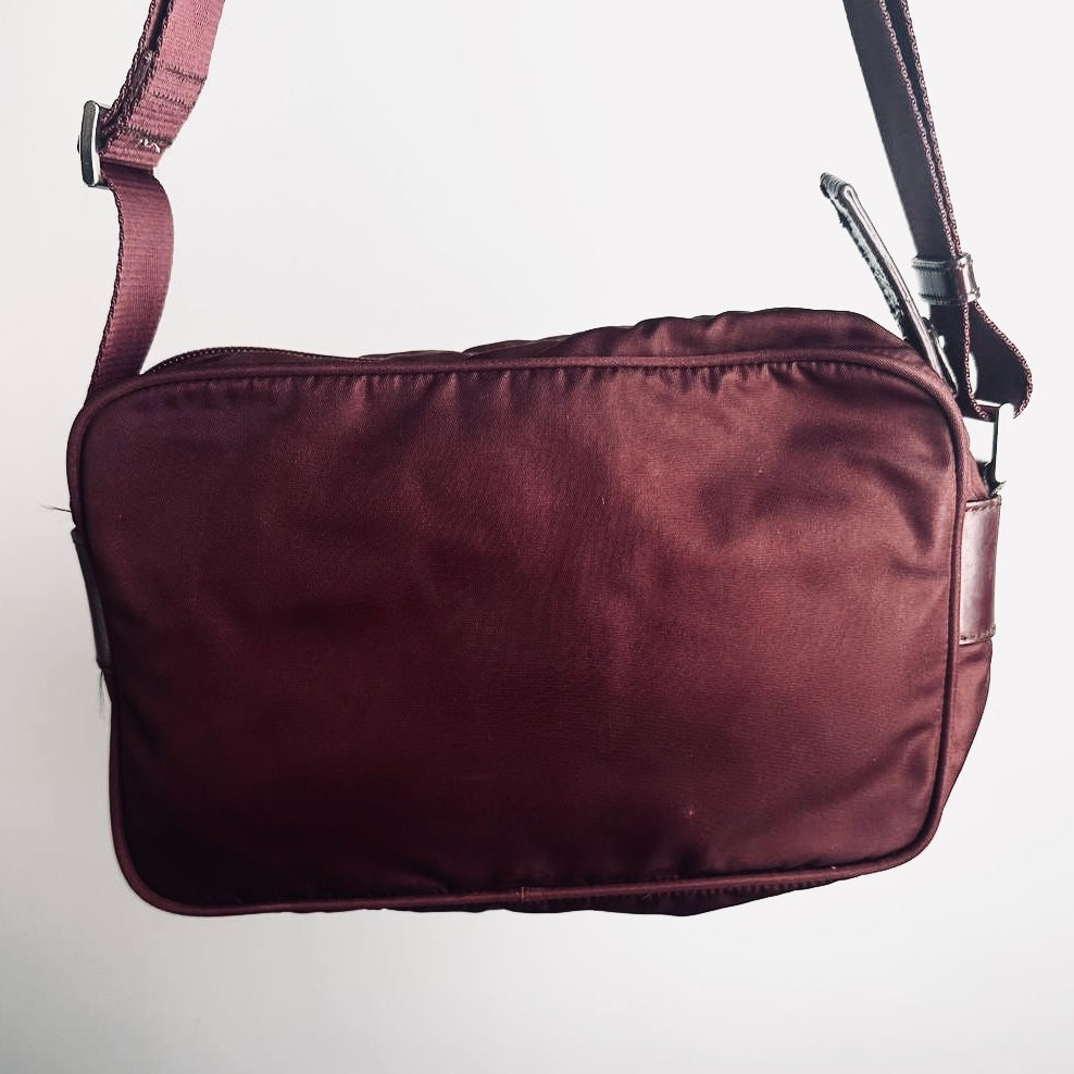 Prada Maroon Burgundy Red Tessuto Monogram Logo Nylon & Leather Camera Shoulder Sling Bag